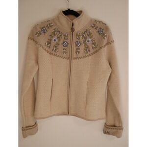 Icelandic Design Wool Full Zip Floral Embroidered Sweater Beige Herringbone Sz S